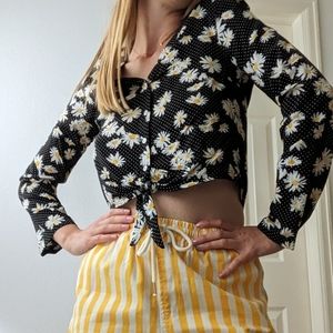 Tie Front Black Daisy Button Down Blouse Top